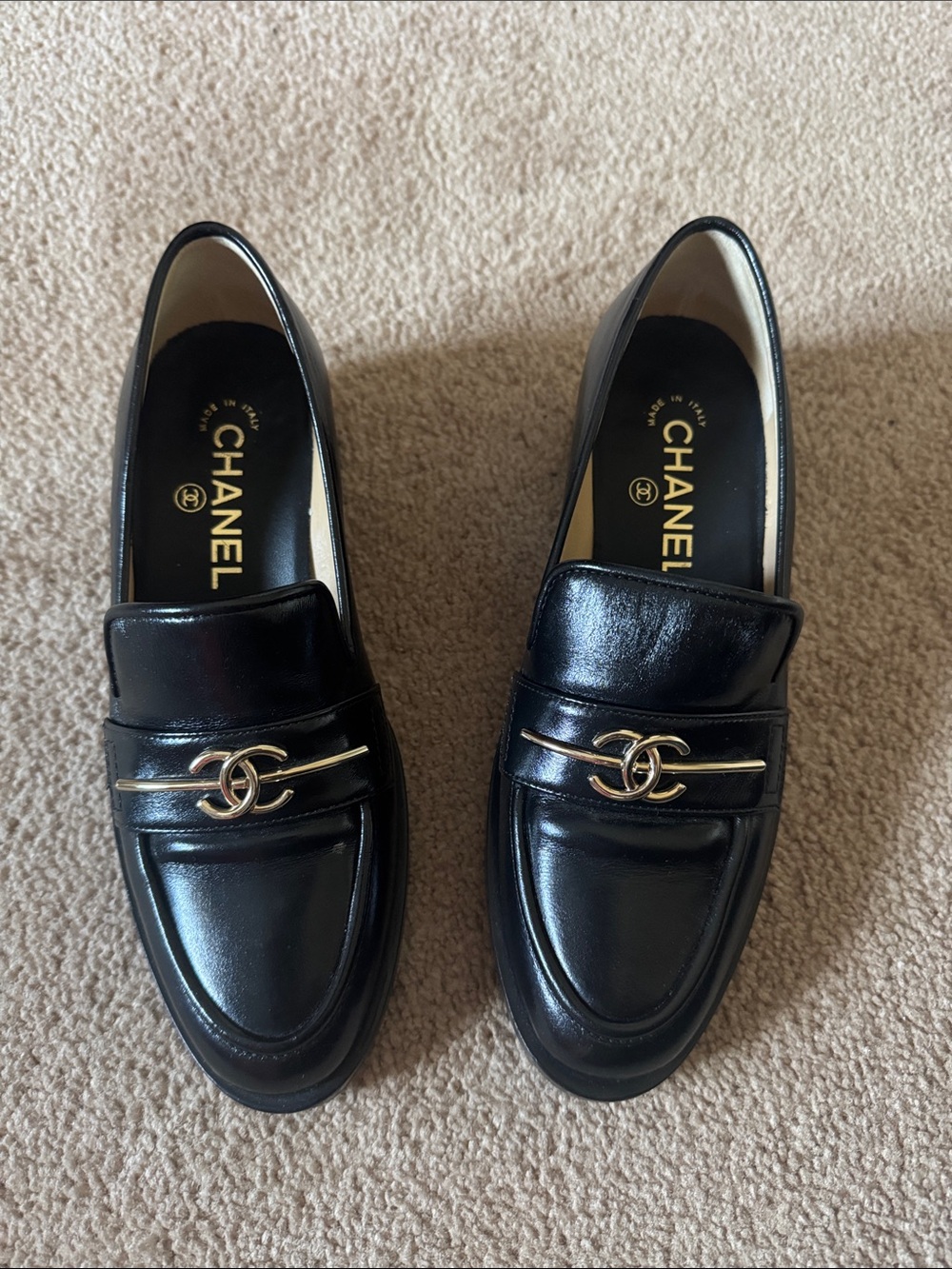 CHANEL Black Leather Loafers SZ 37C